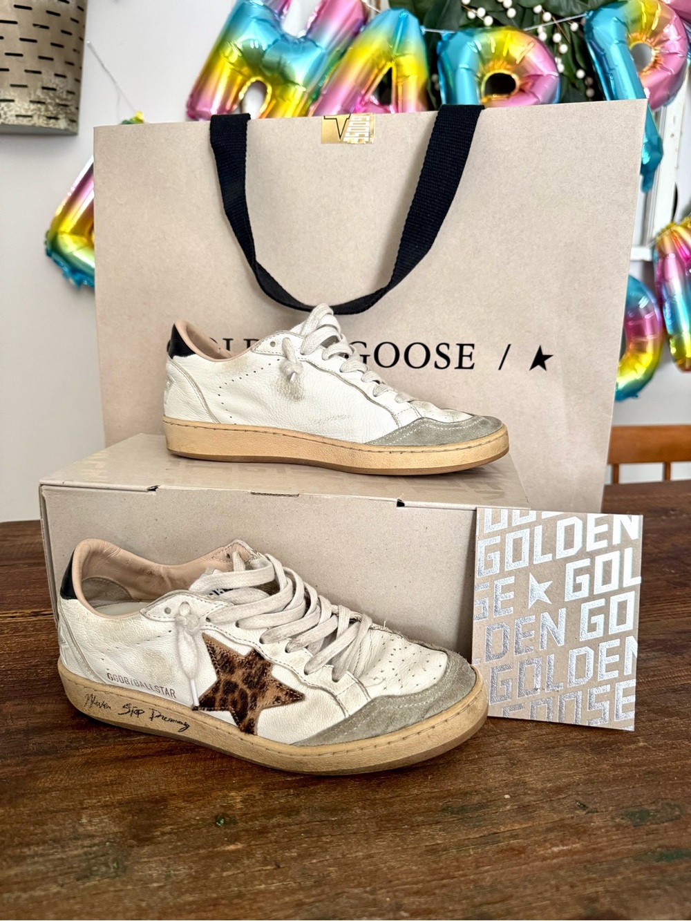 Golden Goose White Leather Sneakers with Brown Leopard Star and Gray Suede